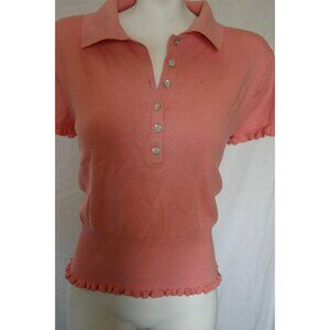 George Stretch Womens Polo Sweater Coral Pink Ruffle Sleeve Size Large 12/14